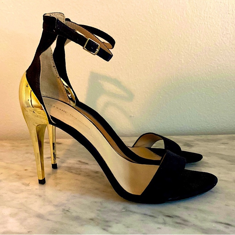 Zara Black & Gold Stiletto Suede Ankle Strap High Heels, Women’s EU 38, US 7.5
